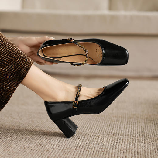 阿么手工女鞋法式气质高跟单鞋春季新款金属一字带玛丽珍鞋6.5CM 商品图1