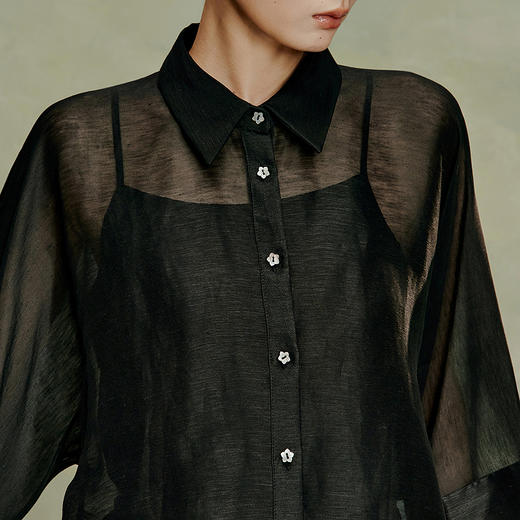 【林栖设计小店】月夜清影|黑色丝麻五瓣梅宽松2026夏新款翻领衬衣1962027 商品图2
