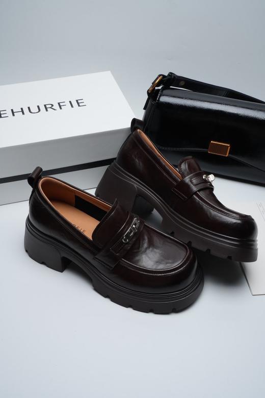 JEHURFIE/纪华菲6cm小银扣复古擦色手抓牛皮厚底乐福鞋 商品图2