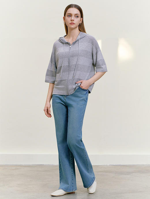 【连帽短袖针织条纹开衫】26年春夏新品女士条纹莱赛尔纤维外套 商品图2