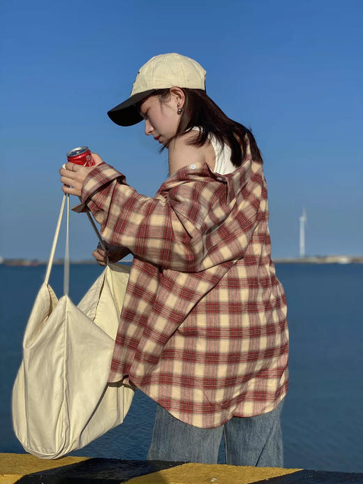 春秋磨毛韩国订单美翻格子控衬衫外套开衫 商品图7