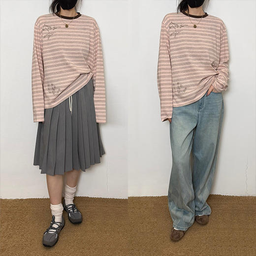 UMILAB｜天马座*反emo穿搭 原创刺绣仿麻棉 显白条纹长袖T恤T789V 商品图3