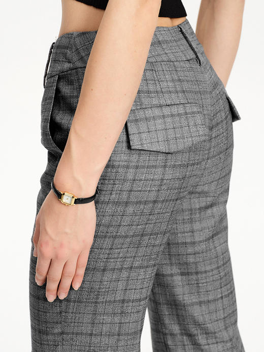 TR她热 柏林漫步 灰色格纹开衩复古通勤简约七分直筒微喇西装裤 商品图1