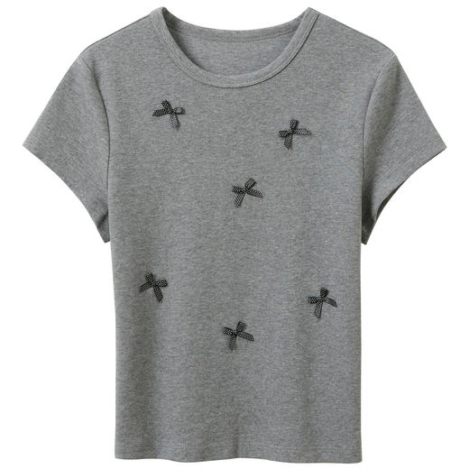 三彩2026夏季新款蝴蝶结T恤修身短款圆领正肩短袖套头衫上衣M 商品图4