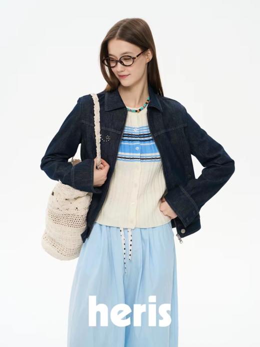 heris/H61107/波点烫钻印花 复古原色牛仔 收腰显瘦双开拉链夹克外 商品图2