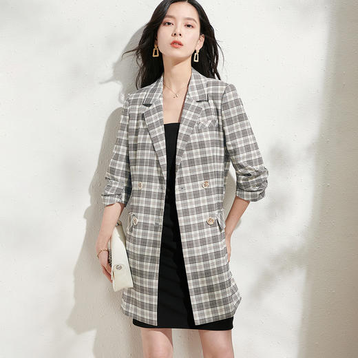剩S/M/L/XL 芳外新款通勤双排扣外套设计感格子上衣女8T22AW0242 商品图2