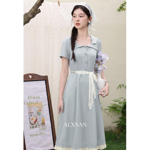 鹿向南「瓦尔登湖」法式初恋蓝色气质方领收腰显瘦连衣裙女春夏 商品图0