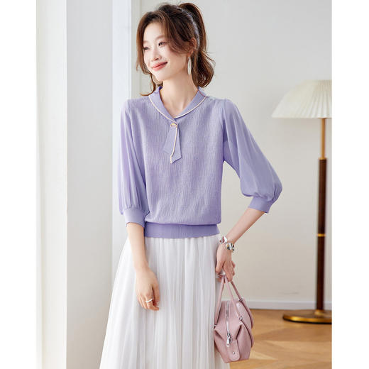 「自」全新升级【铂金会员192/天猫259/差价67】(02810)洛诗琳气质拼接五分袖上衣2026春季薄款淑女风系带针织T恤 商品图1