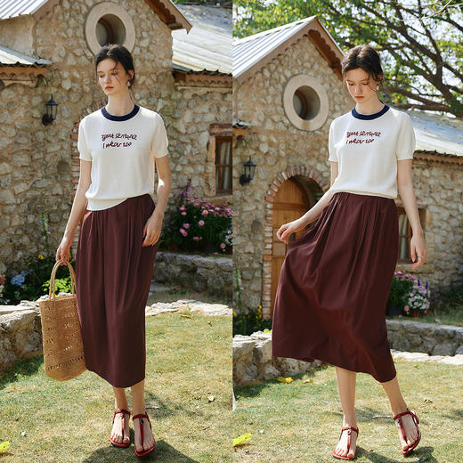 欧芮儿2026年新款夏季撞色圆领字母刺绣女白色休闲时尚短袖针织衫 商品图2