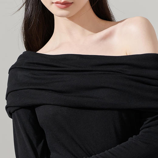 剩S/M/L/XL 米思阳新款气质荡领露肩款薄款T恤洋气纯色打底衫女8T24AT0024 商品图10