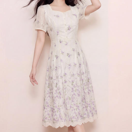 奢姿大码女装2026夏季胖妹妹轻奢优雅连衣裙气质碎花方领A字裙9962860085 商品图4