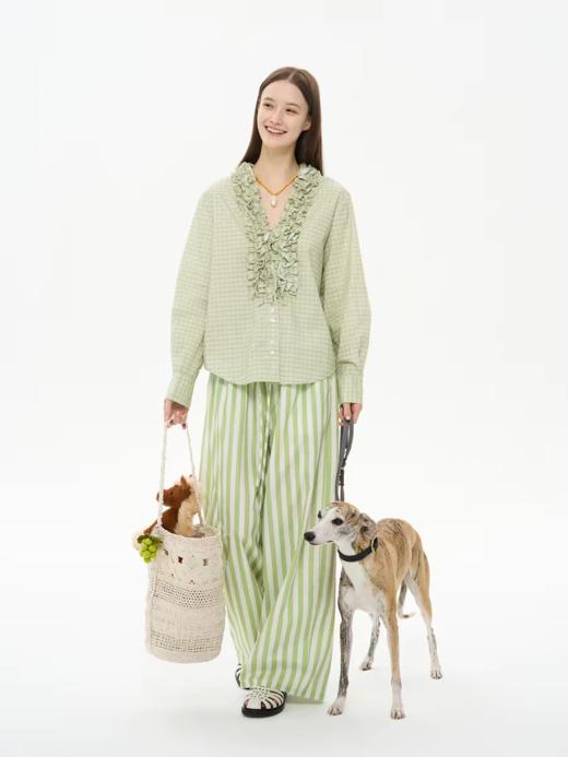 heris/H61131/“氧气”草绿条纹 抽绳松紧腰休闲 宽松直筒阔腿裤 商品图4