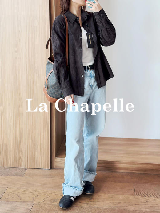 专柜实拍【亚麻+棉/透气舒适】拉夏贝尔/La Chapelle轻奢质感复古翻领排扣别致压皱气质老钱风长袖衬衣 商品图3
