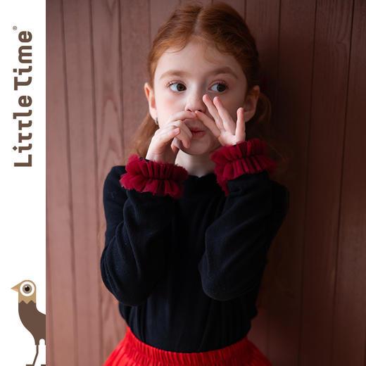 LittleTime女童T恤2025秋冬新款网纱花边磨毛保暖圆领长袖针织衫 商品图2