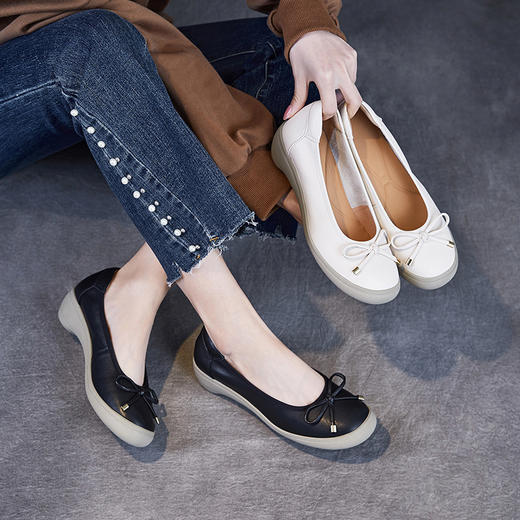 春夏粗跟蝴蝶结单鞋，头层牛皮软底不累脚真皮妈妈鞋ZM258168 商品图0