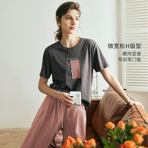 欧芮儿2026年新款夏季圆领灰色精美珠片绣设计休闲宽松短袖T恤女 商品图0