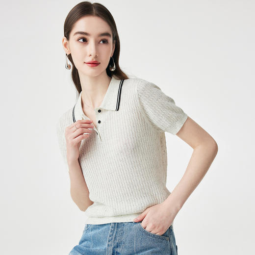 PALUOPO/PL羊毛亚麻混纺坑条 POLO 衫撞色翻领针织短袖ES250951M 商品图8