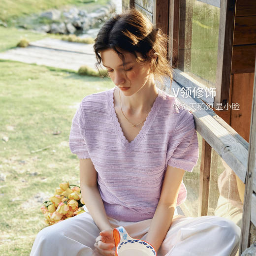欧芮儿2026年新款夏季紫色V领镂空清透感休闲简约短袖套头针织衫 商品图0