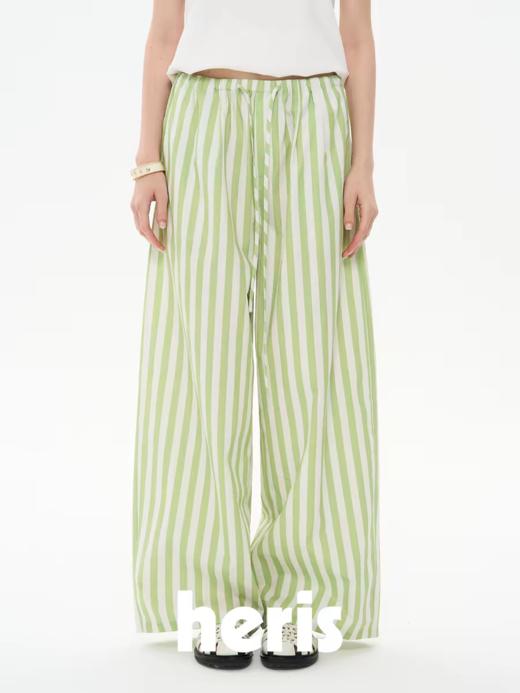 heris/H61131/“氧气”草绿条纹 抽绳松紧腰休闲 宽松直筒阔腿裤 商品图2