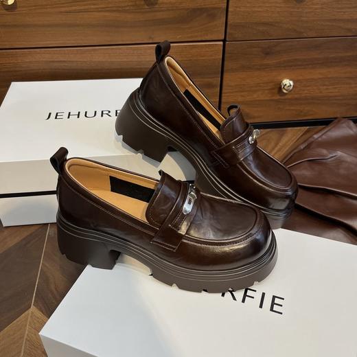 JEHURFIE/纪华菲6cm小银扣复古擦色手抓牛皮厚底乐福鞋 商品图5