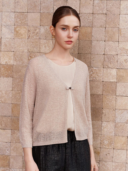 【一粒扣棉麻开衫】26年春夏新品女士V领镂空款针织小外套 商品图1