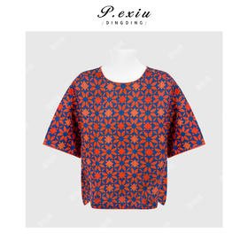 PanYiXiu/潘依绣100桑蚕丝花萝香云纱复古撞色圆领印花上衣 AB26252-1