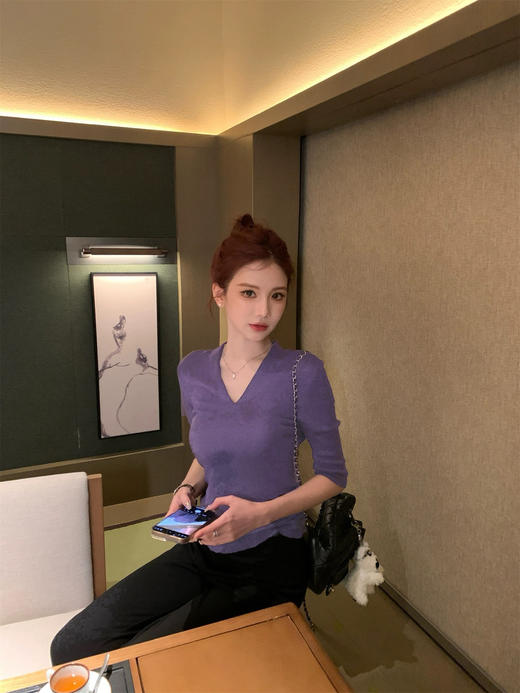 素颜美女公式中袖V领羊毛衫修身打底 商品图5
