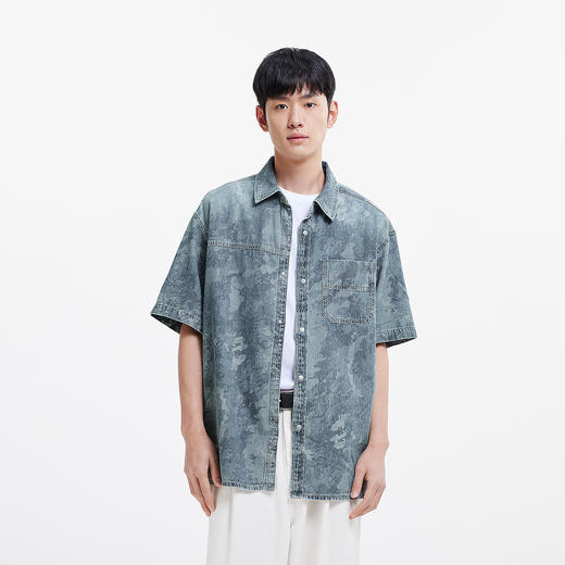 森马短袖衬衫男夏季纯棉宽松迷彩牛仔外套时髦潮流个性短袖上衣 商品图2