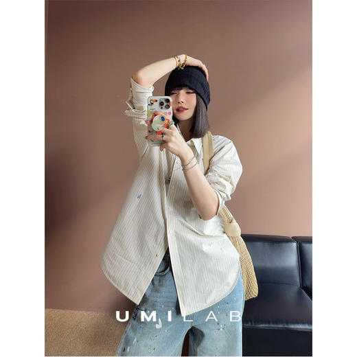 UMILAB｜智性恋*淡人松弛感 柔软高支棉廓形刺绣条纹衬衫H1329V 商品图4