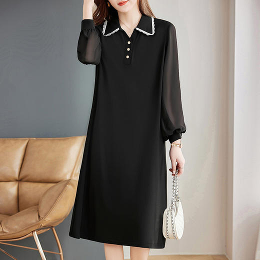 洋气长袖连衣裙女夏季翻领裙子宽松女装2026新款大码女士黑色长裙 商品图3