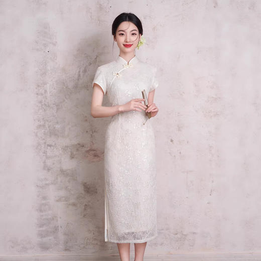 气质中长款蕾丝，双层白色订婚日常改良旗袍XL9153 商品图2