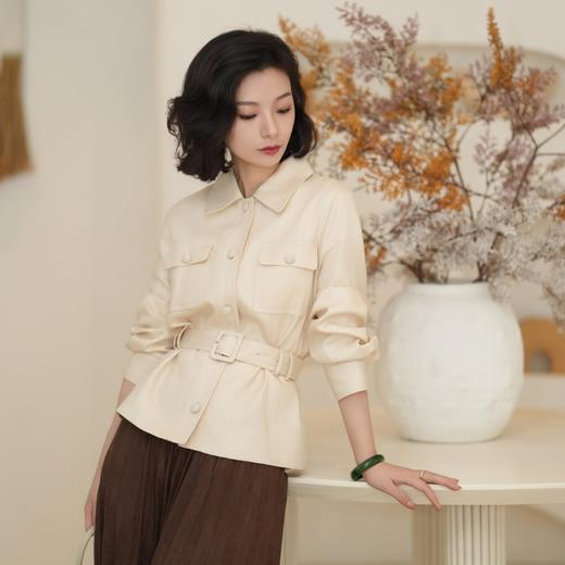 西子/沙丘莱赛尔亚麻腰带收腰杏色老钱风设计感外套/WTHY0113 商品图1