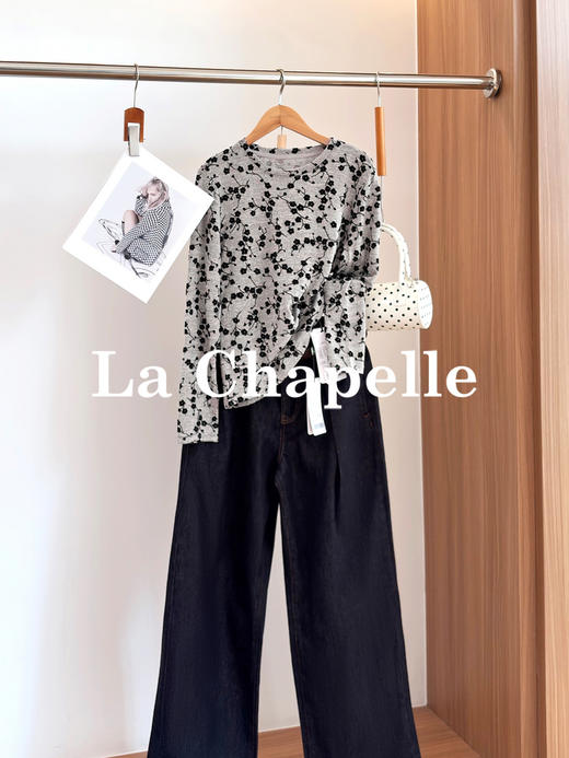 专柜实拍【植绒碎花T恤】拉夏贝尔/La Chapelle私藏尖货！复古文艺风长袖T恤柔软圆领时尚打底衫 商品图3