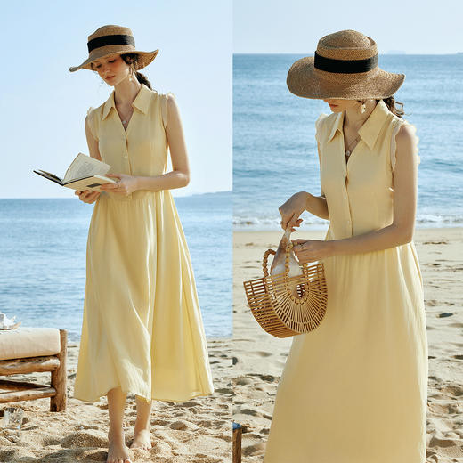 OLrain欧芮儿2026新款女夏季温柔黄色法式衬衫式V领花边袖连衣裙 商品图2