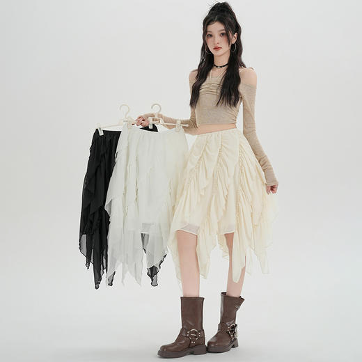 西遇设计感不规则半身裙女2026年春季新款法式荷叶边中长裙纱裙SS060200 商品图1