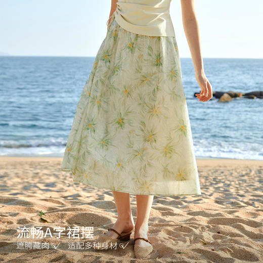 欧芮儿法式印花设计2026年新款夏季女绿色度假风抽绳收腰时尚套装 商品图2