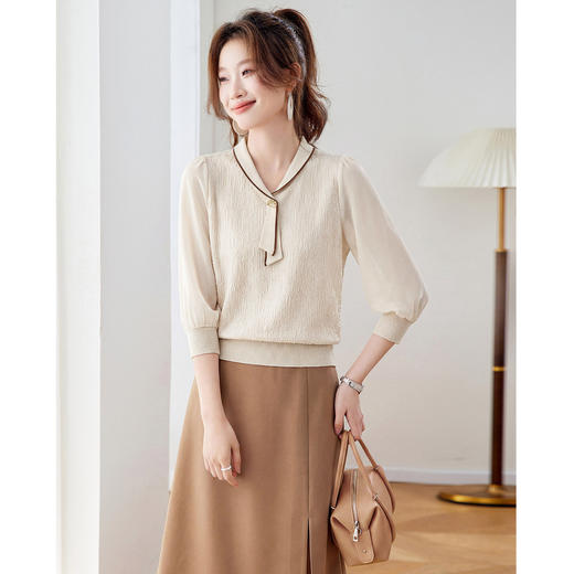 「自」全新升级【铂金会员192/天猫259/差价67】(02810)洛诗琳气质拼接五分袖上衣2026春季薄款淑女风系带针织T恤 商品图3