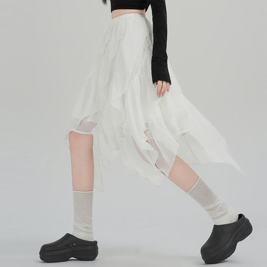 西遇设计感不规则半身裙女2026年春季新款法式荷叶边中长裙纱裙SS060200 商品图2