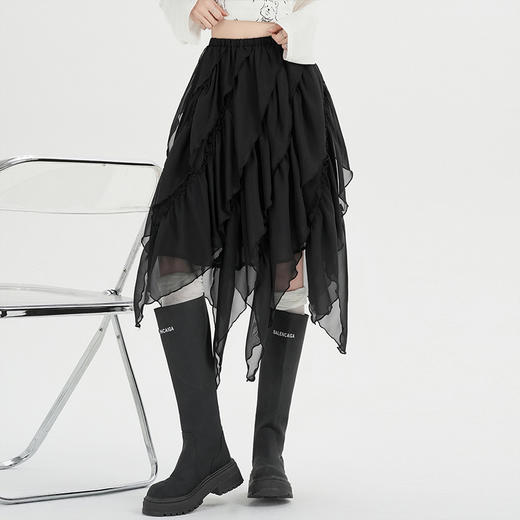 西遇设计感不规则半身裙女2026年春季新款法式荷叶边中长裙纱裙SS060200 商品图3