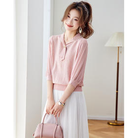 「自」全新升级【铂金会员192/天猫259/差价67】(02810)洛诗琳气质拼接五分袖上衣2026春季薄款淑女风系带针织T恤