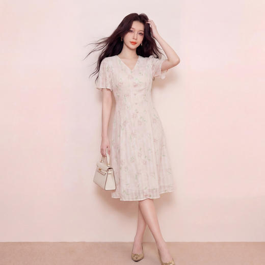 奢姿大码女装2026夏季甜美碎花减龄连衣裙胖妹妹V领温柔风裙子9962860049 商品图1