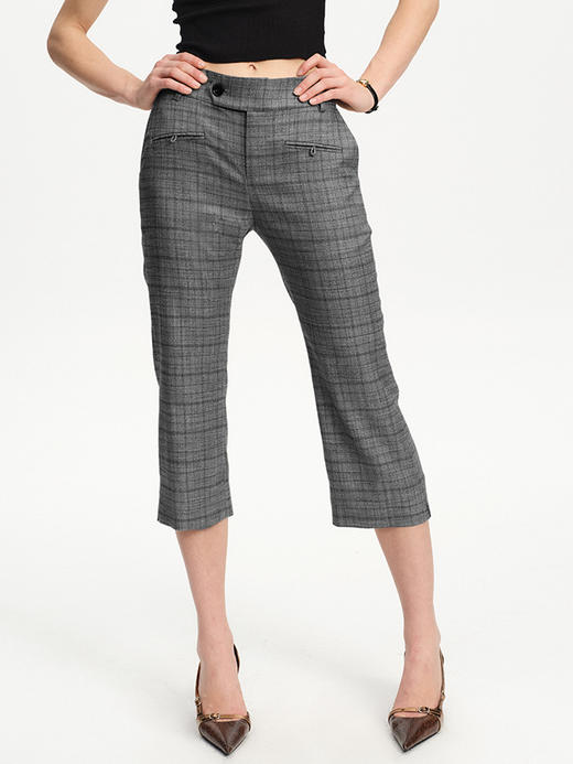 TR她热 柏林漫步 灰色格纹开衩复古通勤简约七分直筒微喇西装裤 商品图2