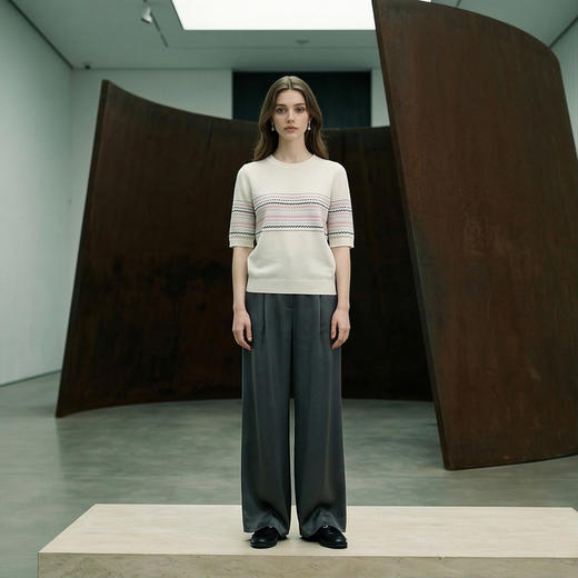 King Deer/鹿王撞色条肩扣针织T恤圆领显瘦舒适上衣早春L805045 商品图5