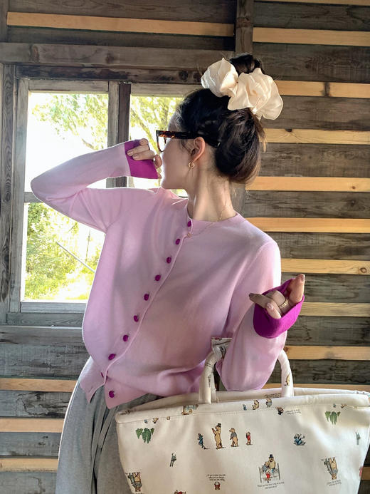 减龄小包扣撞色羊毛莱赛尔针织开衫 商品图0