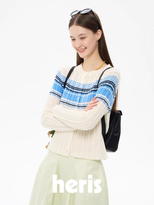 heris/H61101/“航海假日”海军蓝条纹 坑条提花显瘦羊毛针织开衫 商品图4