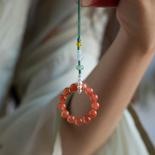 【祈愿吉品】樱桃红南红玛瑙手机链玉石小手捻指环防摔挂绳挂件 商品图3