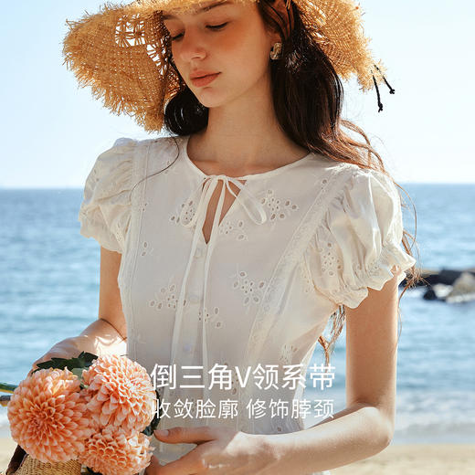 欧芮儿法式绣花设计2026年新款夏季白色收腰系带圆领泡泡袖连衣裙 商品图1