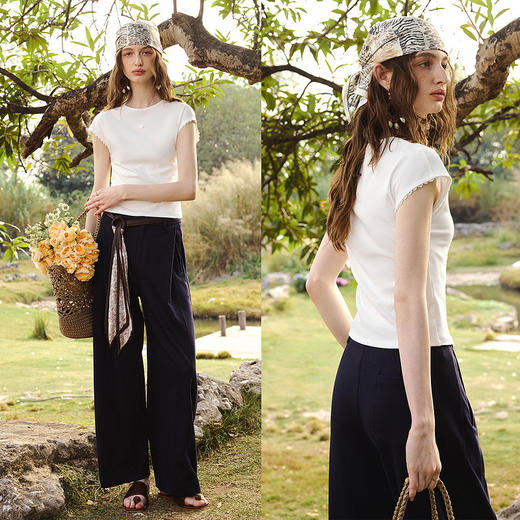 欧芮儿简约小花边连袖设计修身上衣女2026年新款夏季圆领白色T恤 商品图2