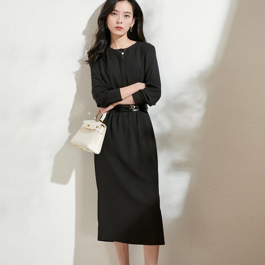剩S 芳外新款纯色简约长袖中长裙气质通勤收腰显瘦连衣裙8T22AL0027 商品图2