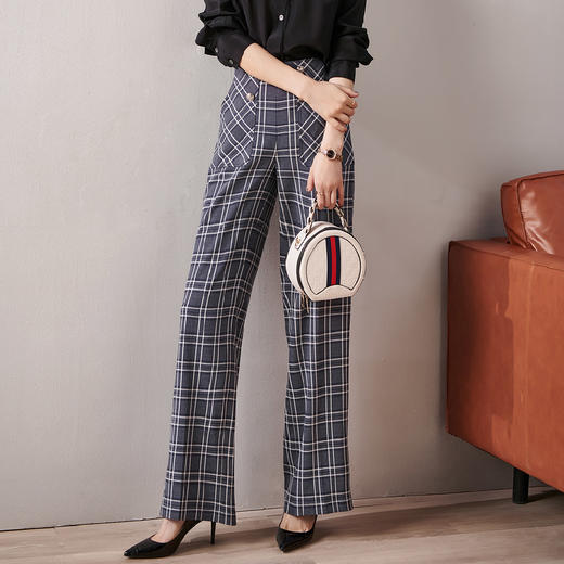 剩S 芳外新款格纹梭织垂感阔腿裤高腰显瘦长腿式裤子女8T21AH0002 商品图1